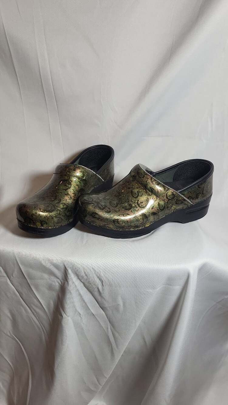 Dansko Professional Raindrop Iridescent Scroll Patent Leather Clogs, size 37